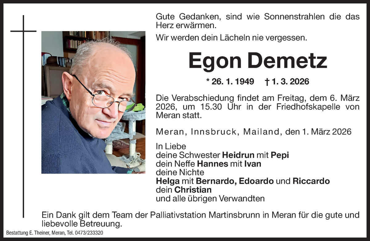  Traueranzeige für Egon Demetz vom 04.03.2026 aus Dolomiten