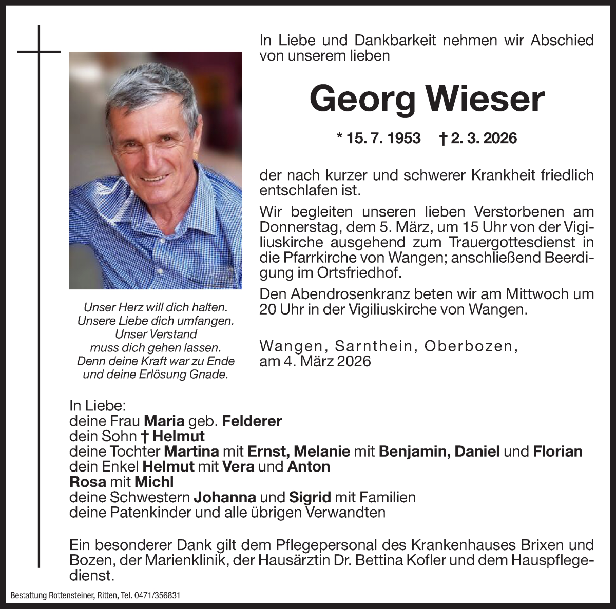  Traueranzeige für Georg Wieser vom 04.03.2026 aus Dolomiten