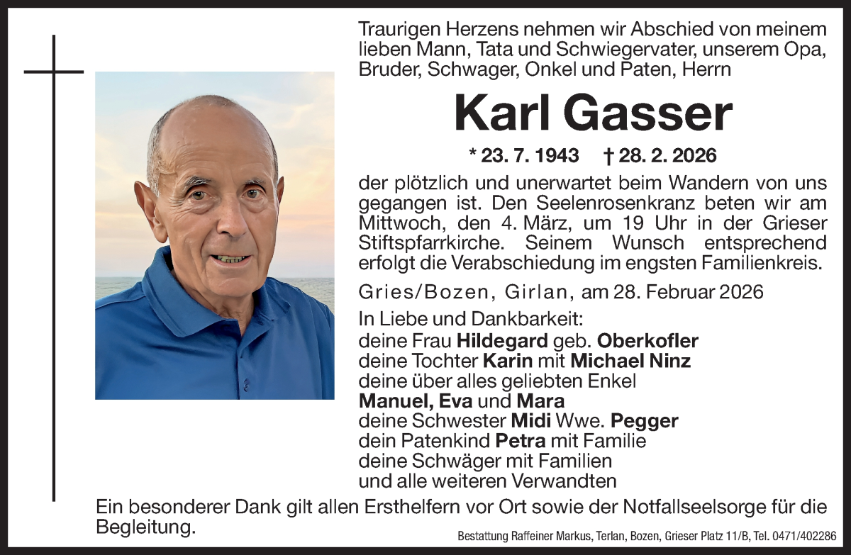  Traueranzeige für Karl Gasser vom 03.03.2026 aus Dolomiten