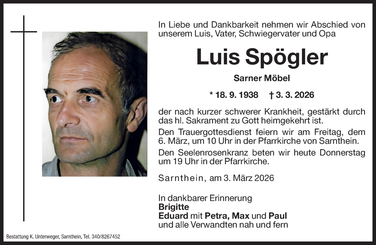  Traueranzeige für Luis Spögler vom 05.03.2026 aus Dolomiten