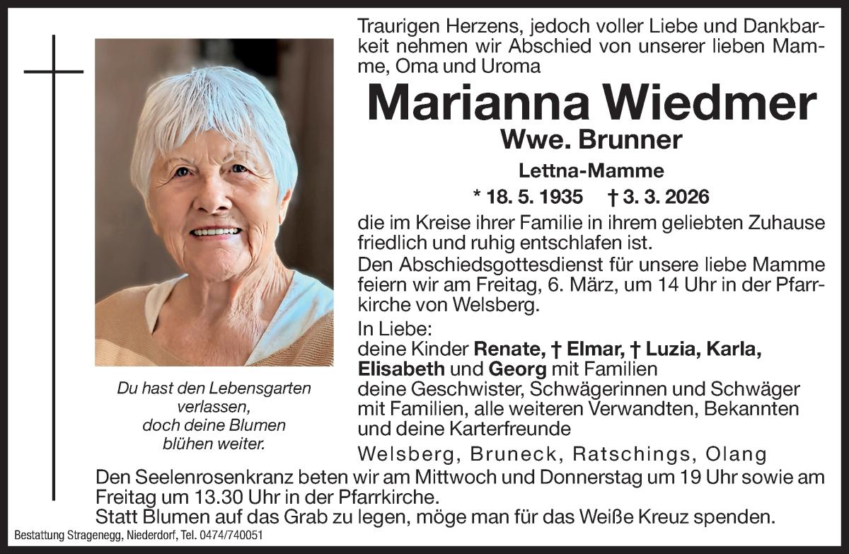  Traueranzeige für Marianna Brunner vom 04.03.2026 aus Dolomiten