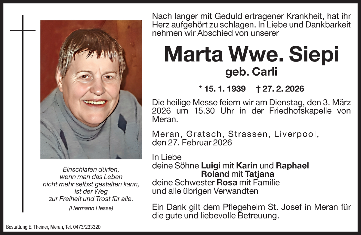  Traueranzeige für Marta Siepi vom 02.03.2026 aus Dolomiten