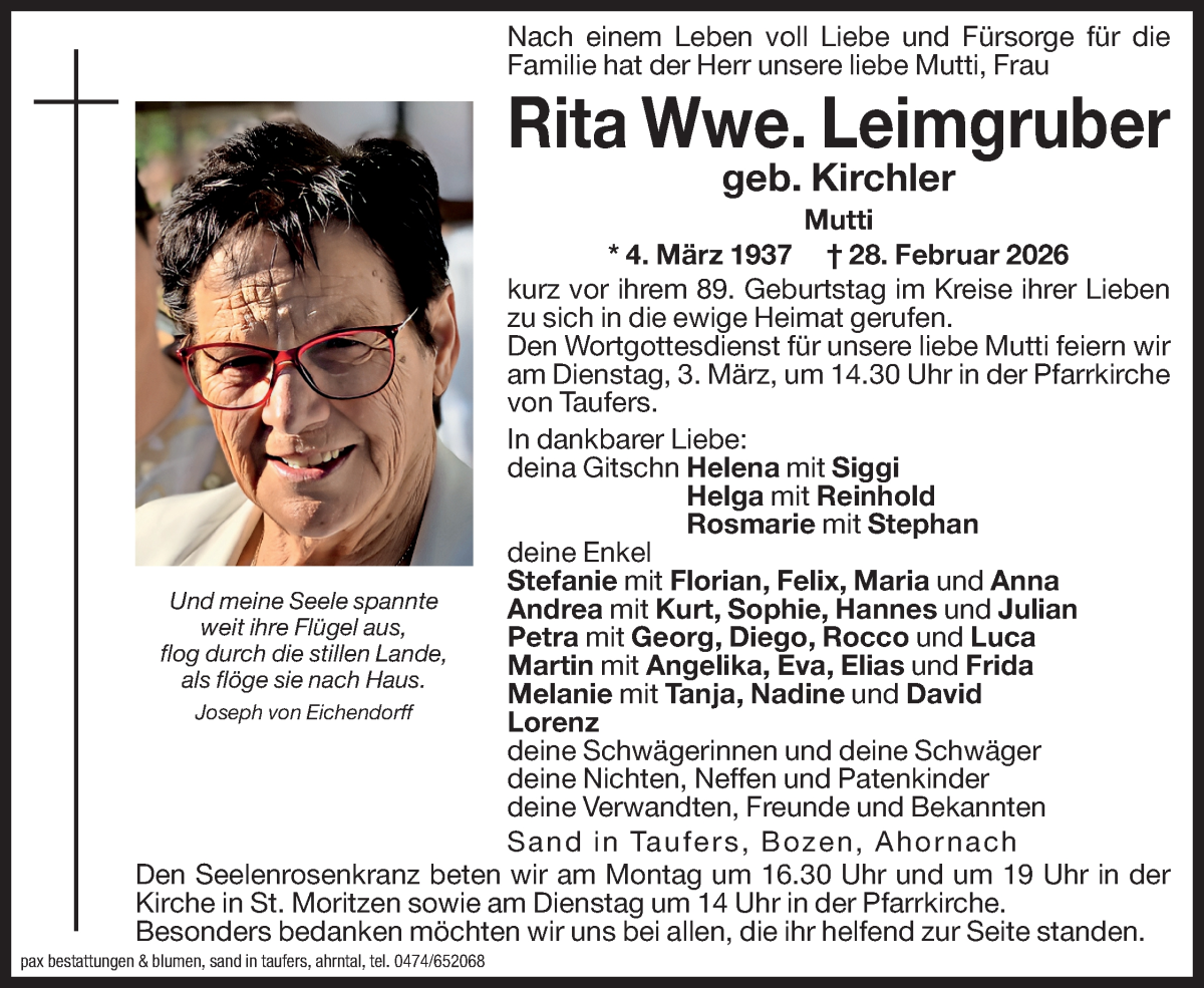  Traueranzeige für Rita Leimgruber vom 02.03.2026 aus Dolomiten