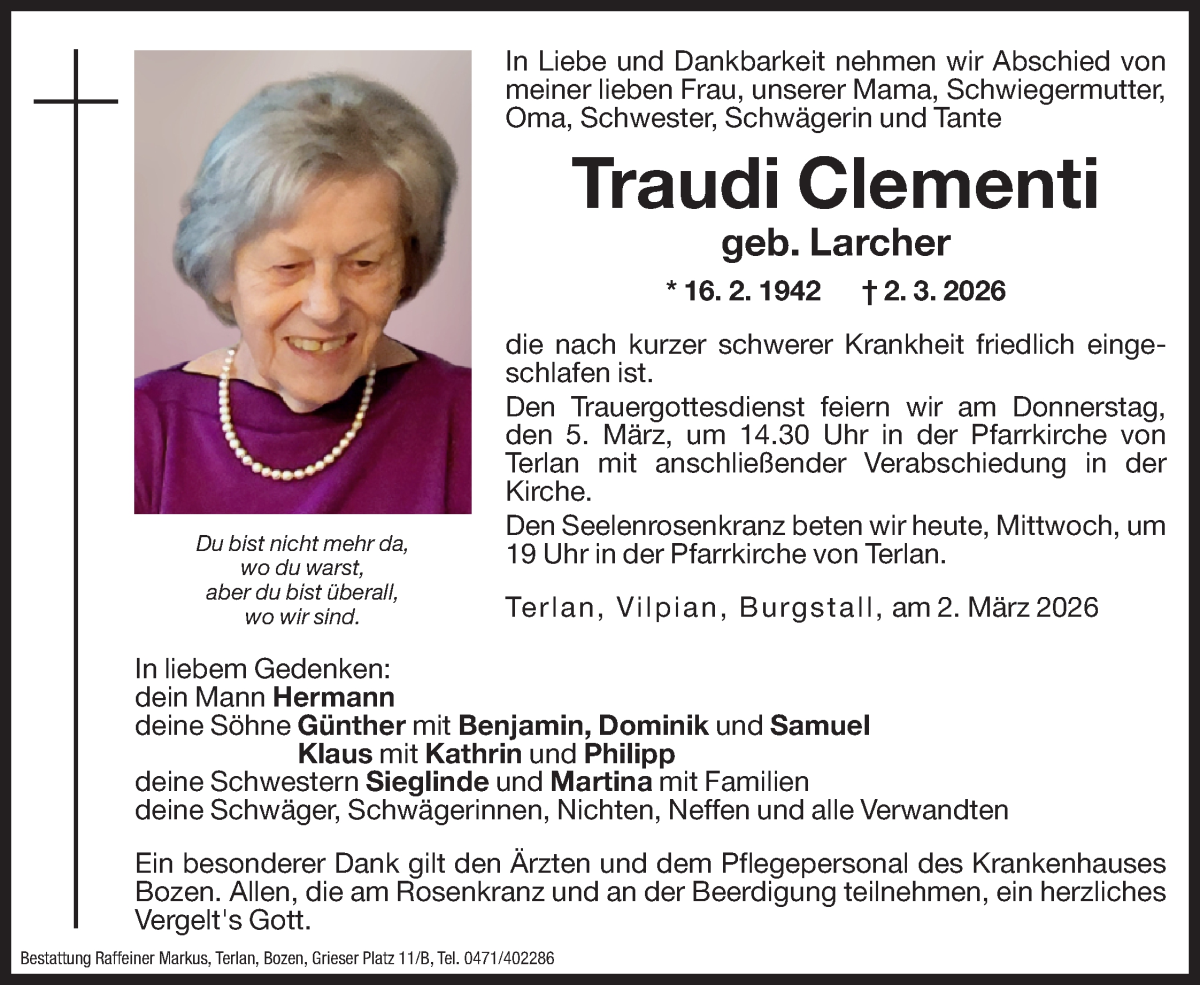  Traueranzeige für Traudi Clementi vom 04.03.2026 aus Dolomiten